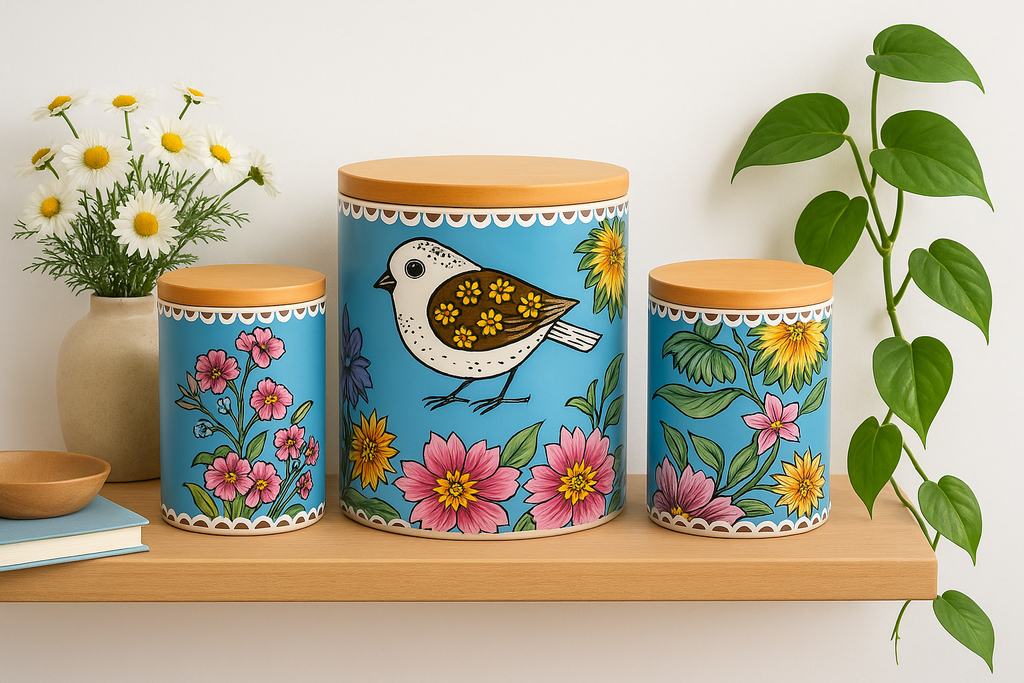 Set 3 Contenitori Birds Ermetici in Porcellana con Coperchio in Legno – Capacità 650 ml / 650 ml / 1500 ml