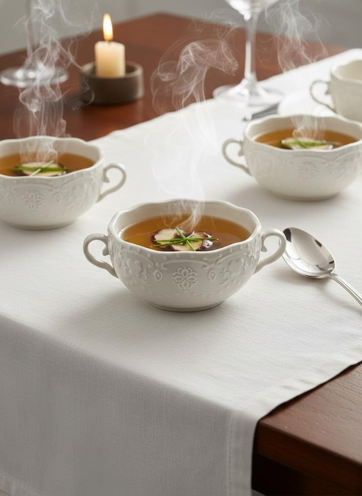 Set 4 Tazze Consommé in Porcellana 250 ml con Doppio Manico