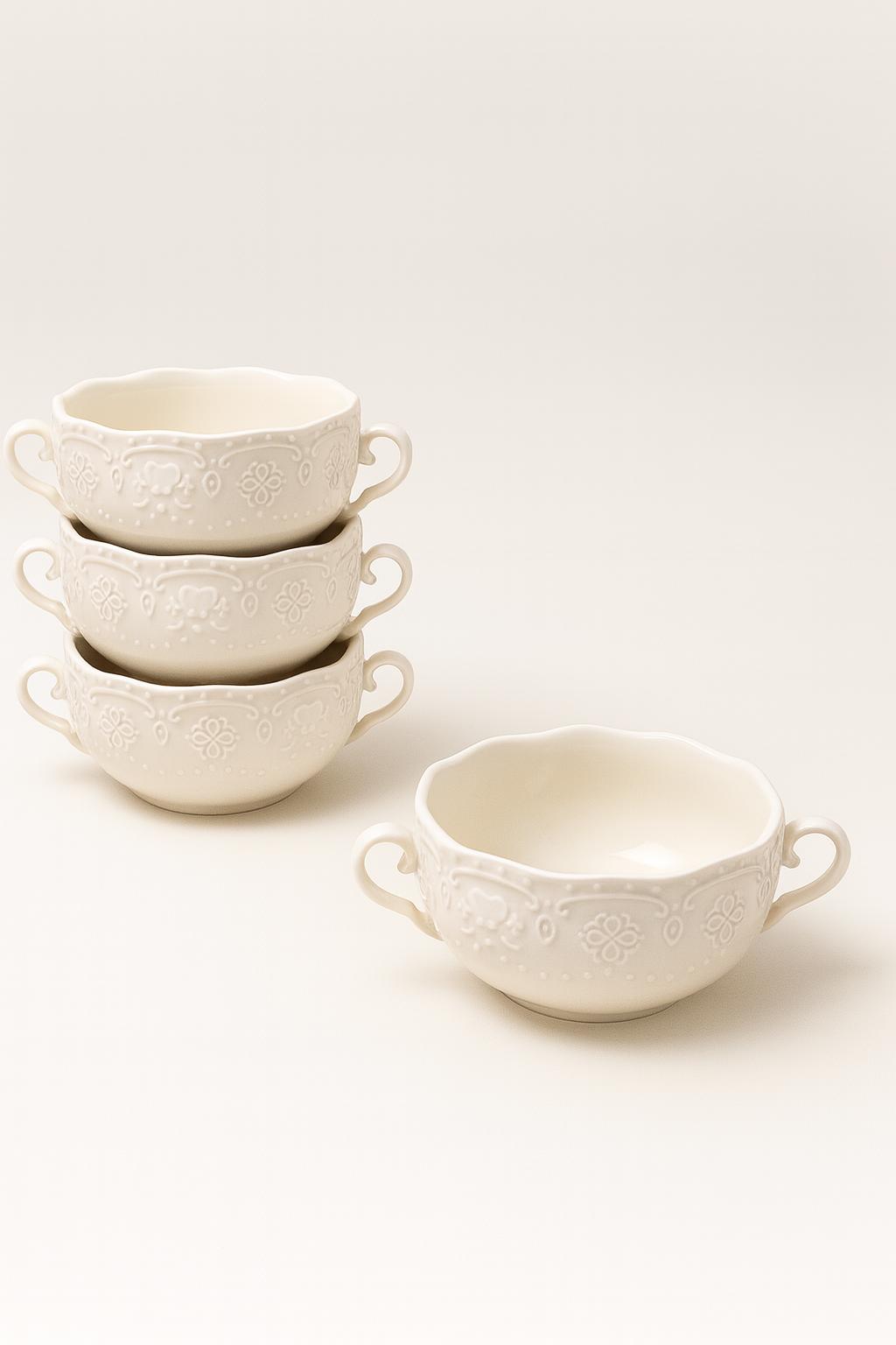 Set 4 Tazze Consommé in Porcellana 250 ml con Doppio Manico
