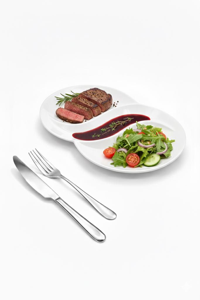 Set 4 Piatti in Porcellana a Due Scomparti – Piatto Bis Portata per Secondo e Contorno – Design Moderno per Casa e Ristorante