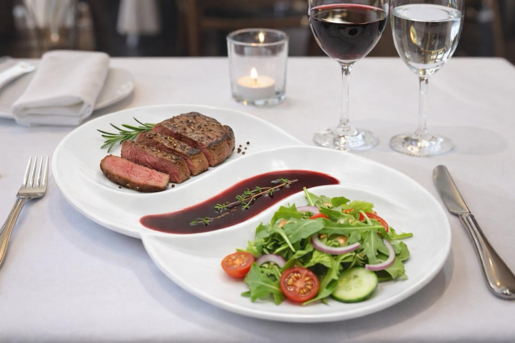 Set 4 Piatti in Porcellana a Due Scomparti – Piatto Bis Portata per Secondo e Contorno – Design Moderno per Casa e Ristorante