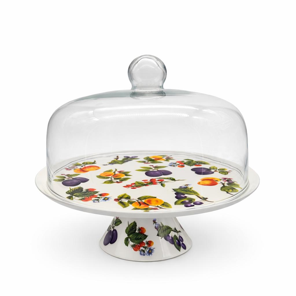 Alzata per dolci in porcellana con campana in vetro Media – Ø 26 cm – Decorazione frutta
