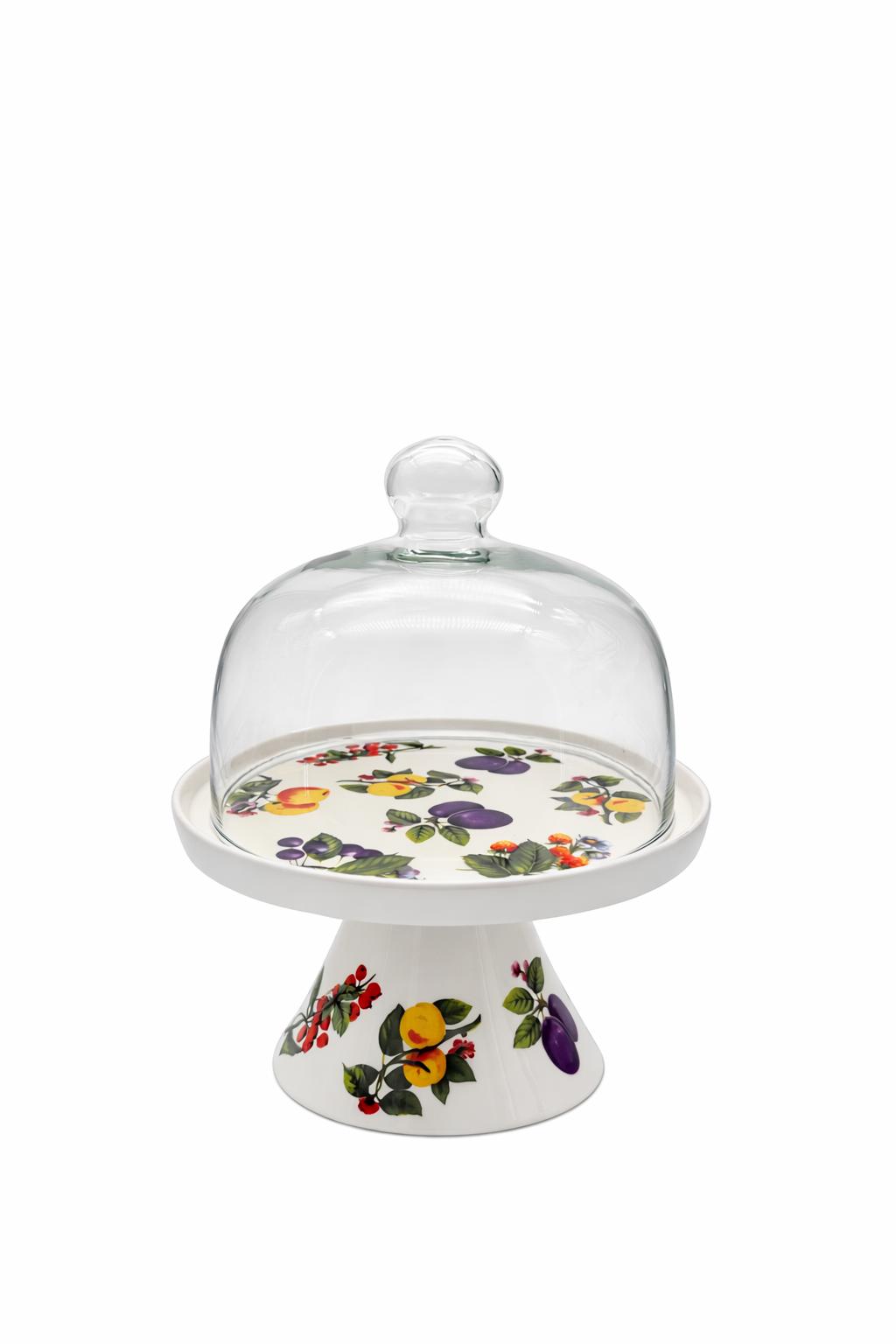 Alzata per dolci in porcellana con campana in vetro Media – Ø 26 cm – Decorazione frutta