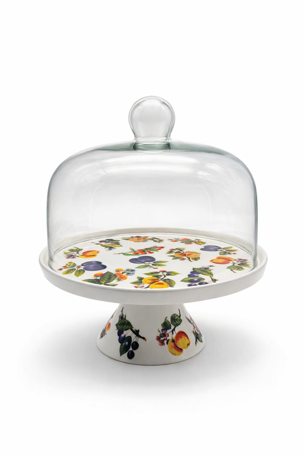 Alzata per dolci in porcellana con campana in vetro Grande – Ø 30,5 cm – Decorazione frutta