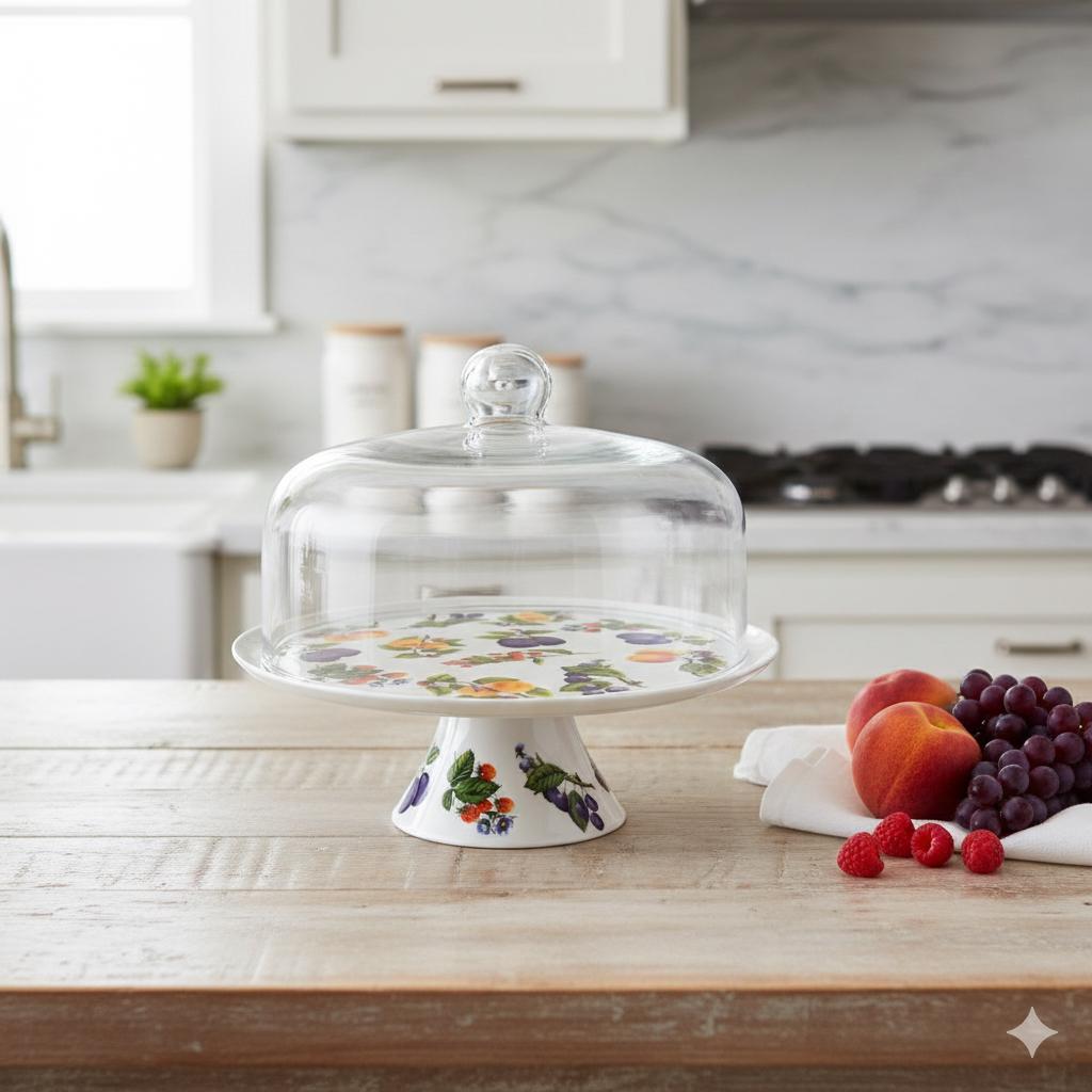 Alzata per dolci in porcellana con campana in vetro Grande – Ø 30,5 cm – Decorazione frutta