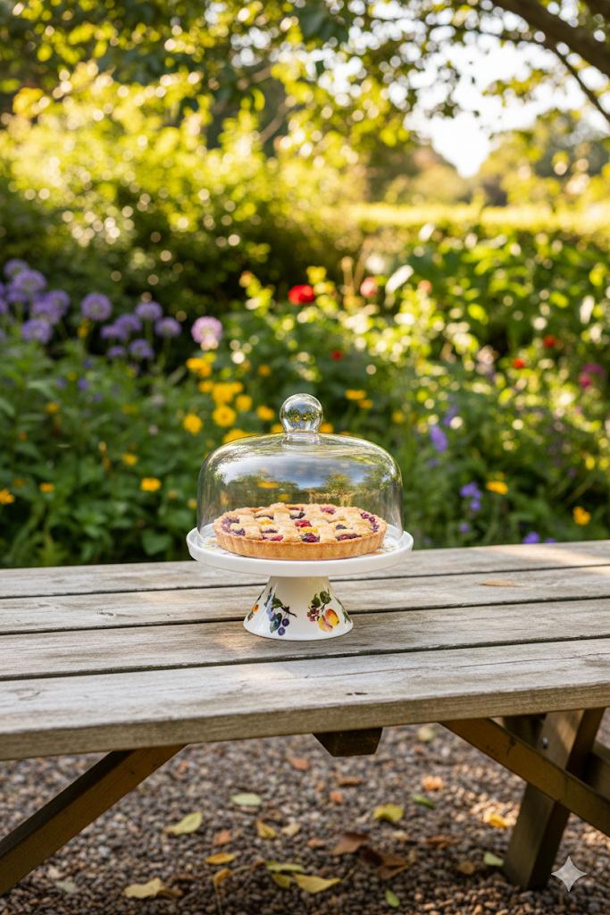 Alzata per dolci in porcellana con campana in vetro Grande – Ø 30,5 cm – Decorazione frutta