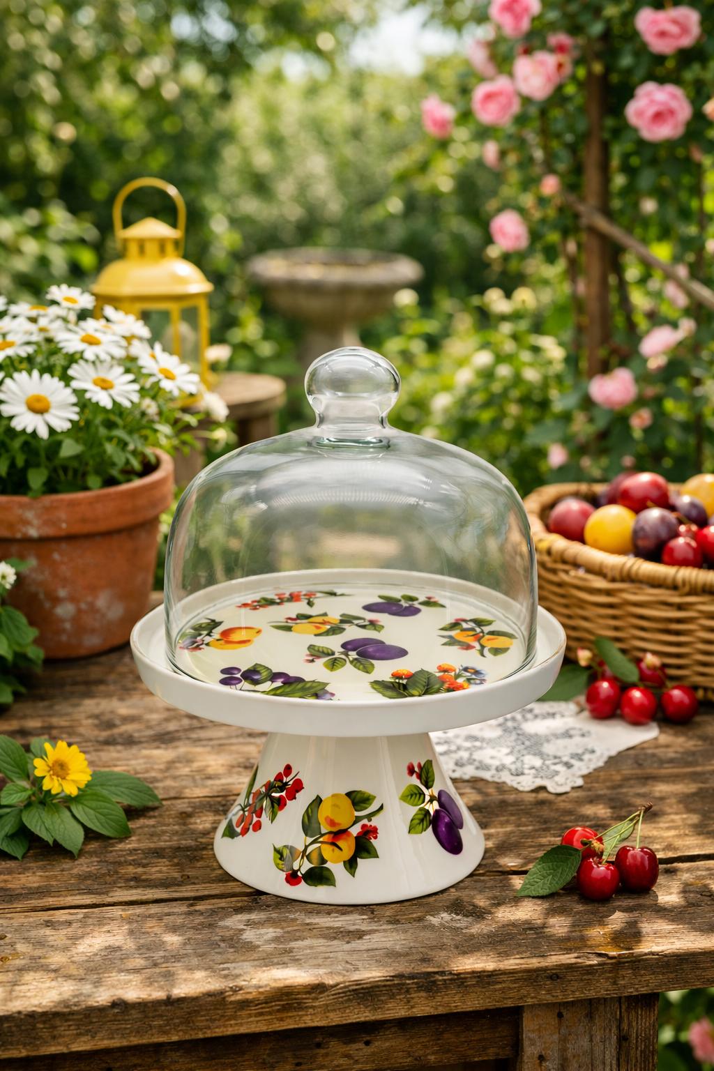 Alzata per dolci in porcellana con campana in vetro Grande – Ø 30,5 cm – Decorazione frutta