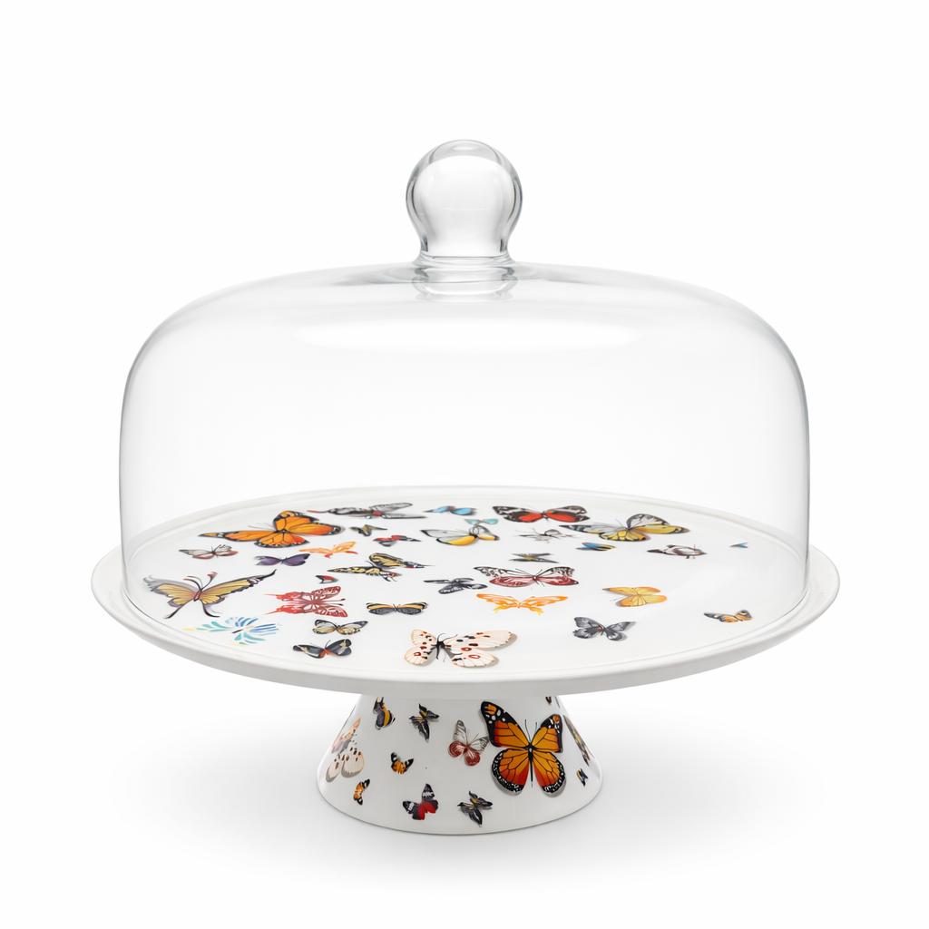 🦋 Alzata per dolci in porcellana con campana in vetro Grande – Ø 30,5 cm – Decorazione Farfalle