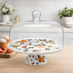 🦋 Alzata per dolci in porcellana con campana in vetro Grande – Ø 30,5 cm – Decorazione Farfalle