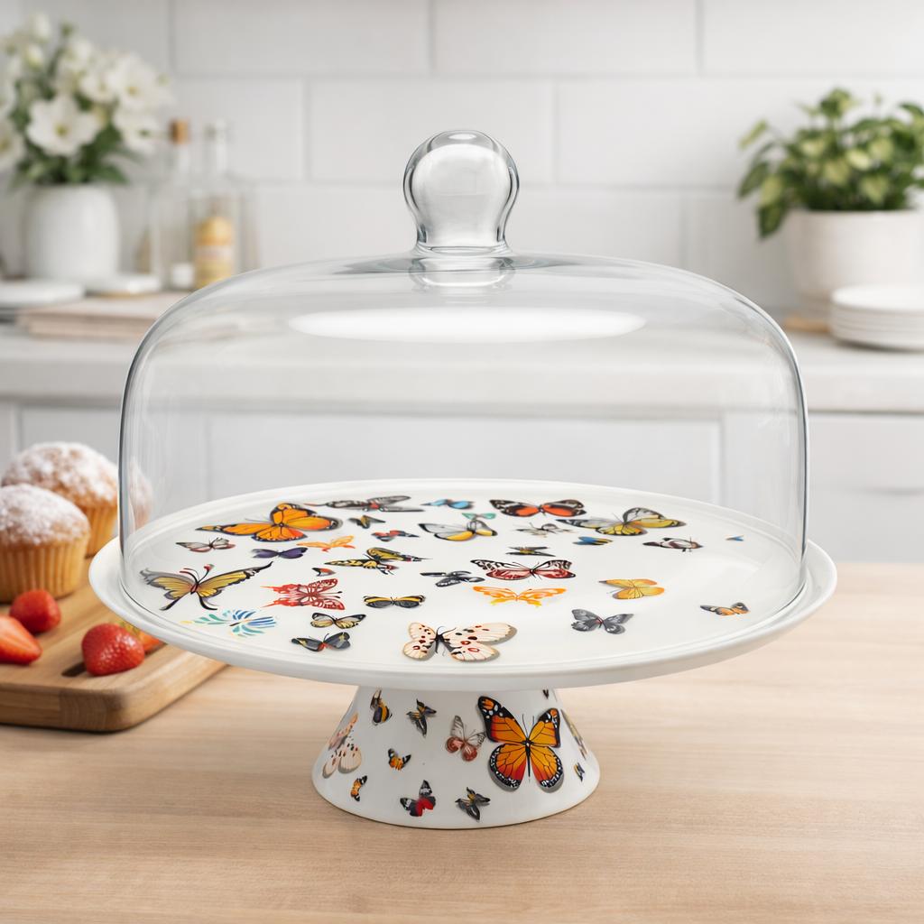 🦋 Alzata per dolci in porcellana con campana in vetro Grande – Ø 30,5 cm – Decorazione Farfalle