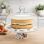 🦋 Alzata per dolci in porcellana con campana in vetro Grande – Ø 30,5 cm – Decorazione Farfalle