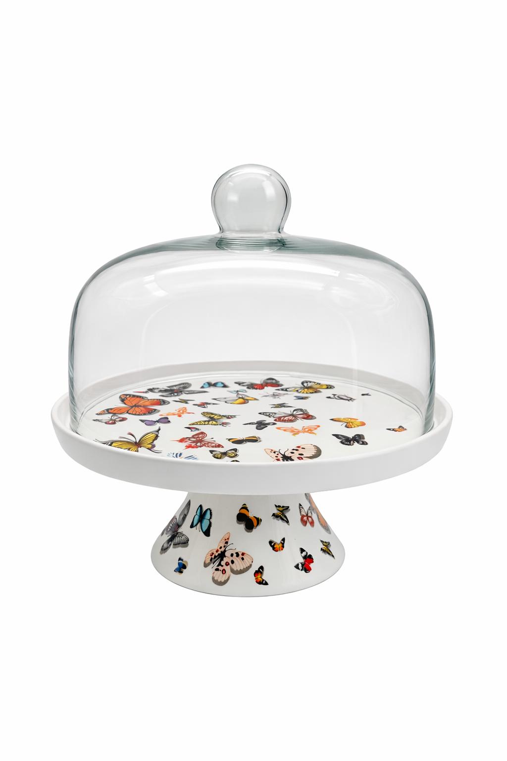 🦋 Alzata per dolci in porcellana con campana in vetro Media – Ø 26 cm – Decorazione Farfalle