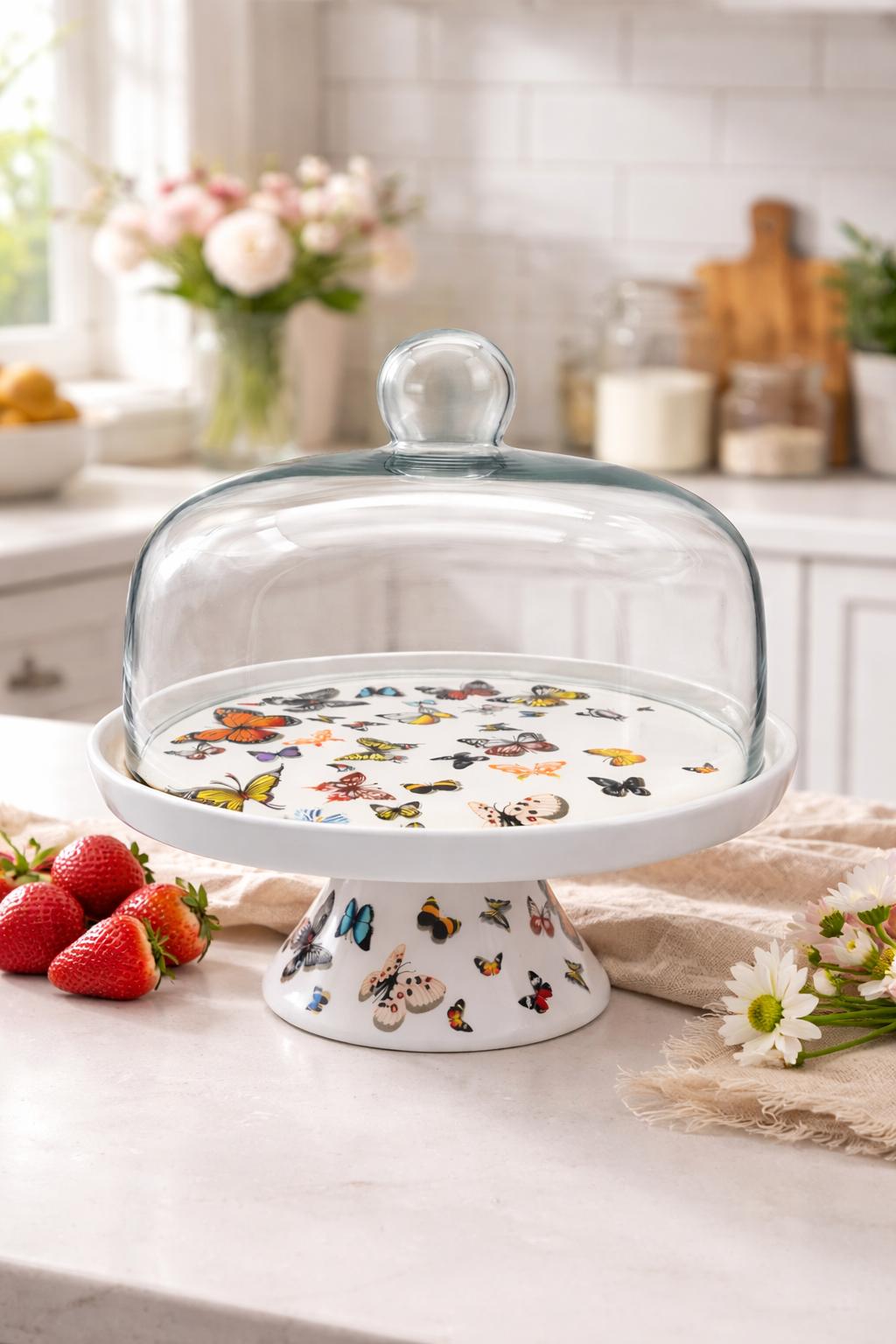 🦋 Alzata per dolci in porcellana con campana in vetro Grande – Ø 30,5 cm – Decorazione Farfalle