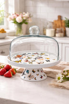 🦋 Alzata per dolci in porcellana con campana in vetro Grande – Ø 30,5 cm – Decorazione Farfalle