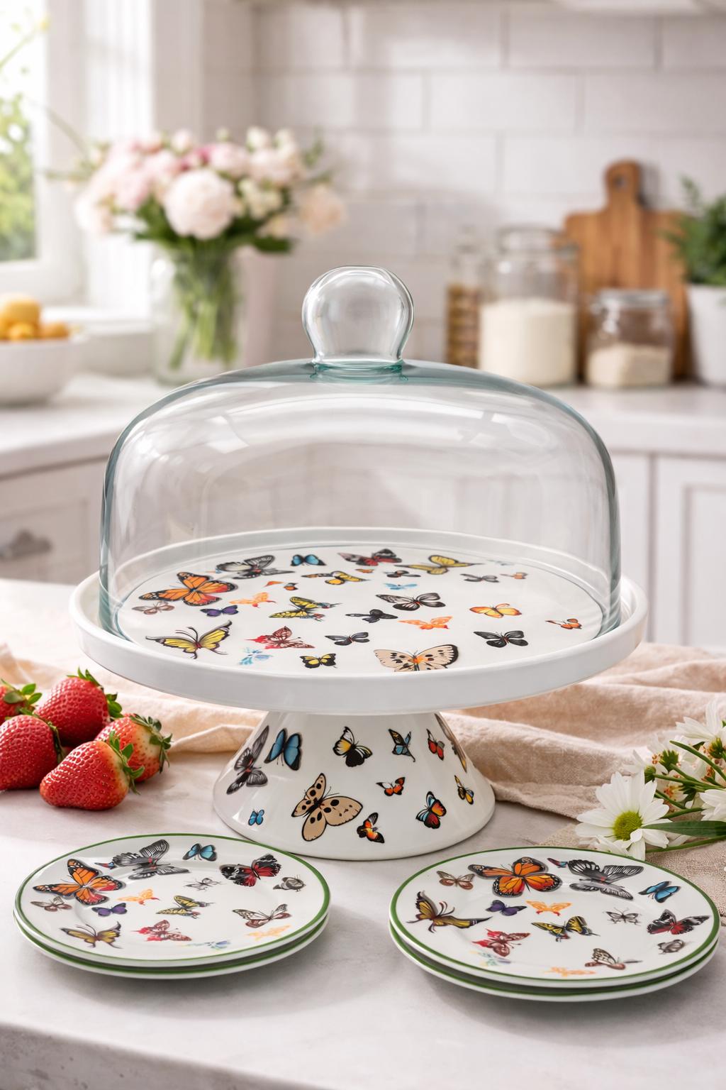 🦋 Alzata per dolci in porcellana con campana in vetro Media – Ø 26 cm – Decorazione Farfalle