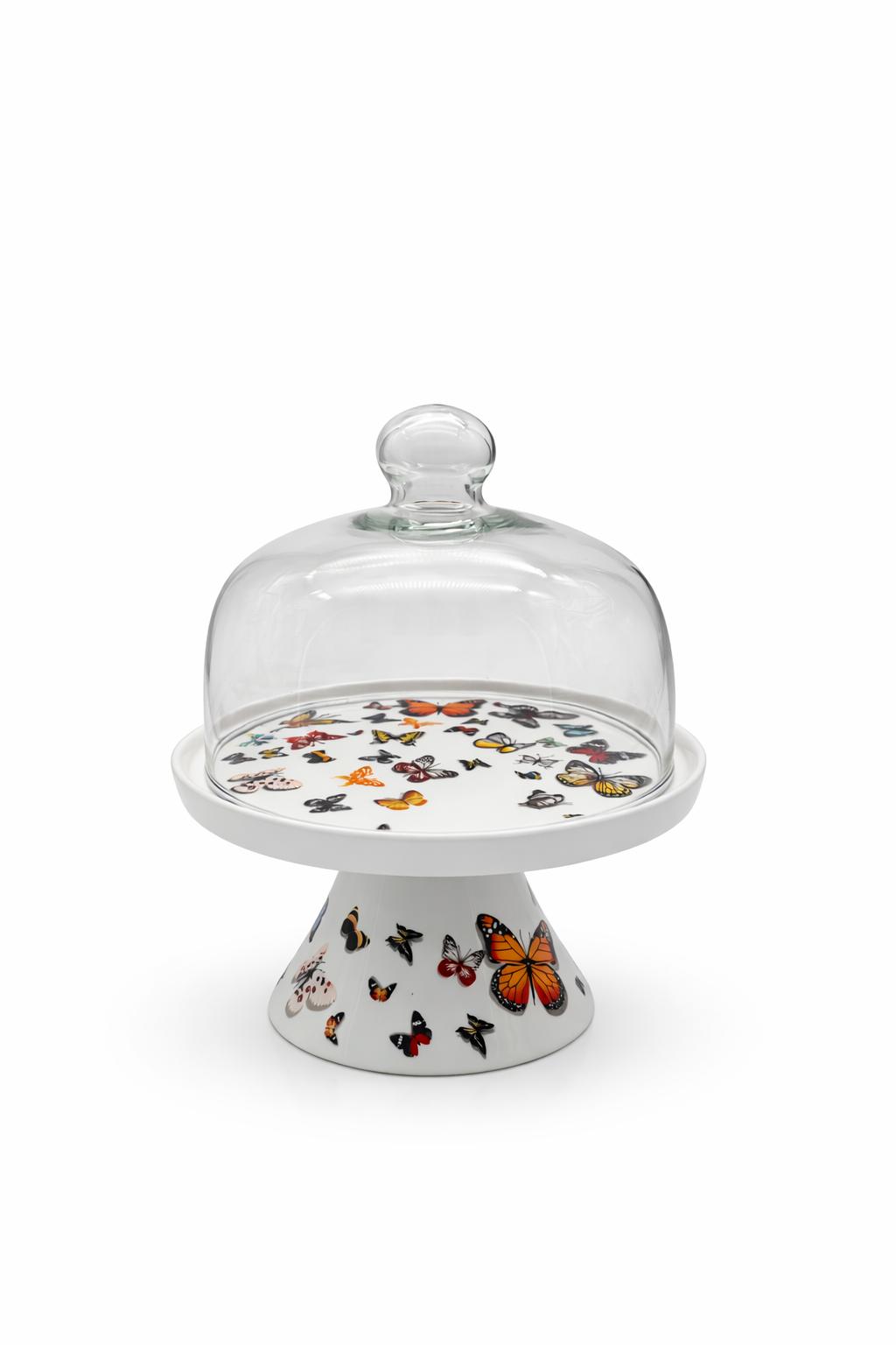 🦋 Alzata per dolci in porcellana con campana in vetro Grande – Ø 30,5 cm – Decorazione Farfalle