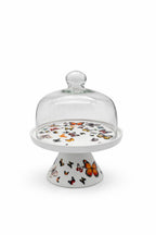 🦋 Alzata per dolci in porcellana con campana in vetro Grande – Ø 30,5 cm – Decorazione Farfalle