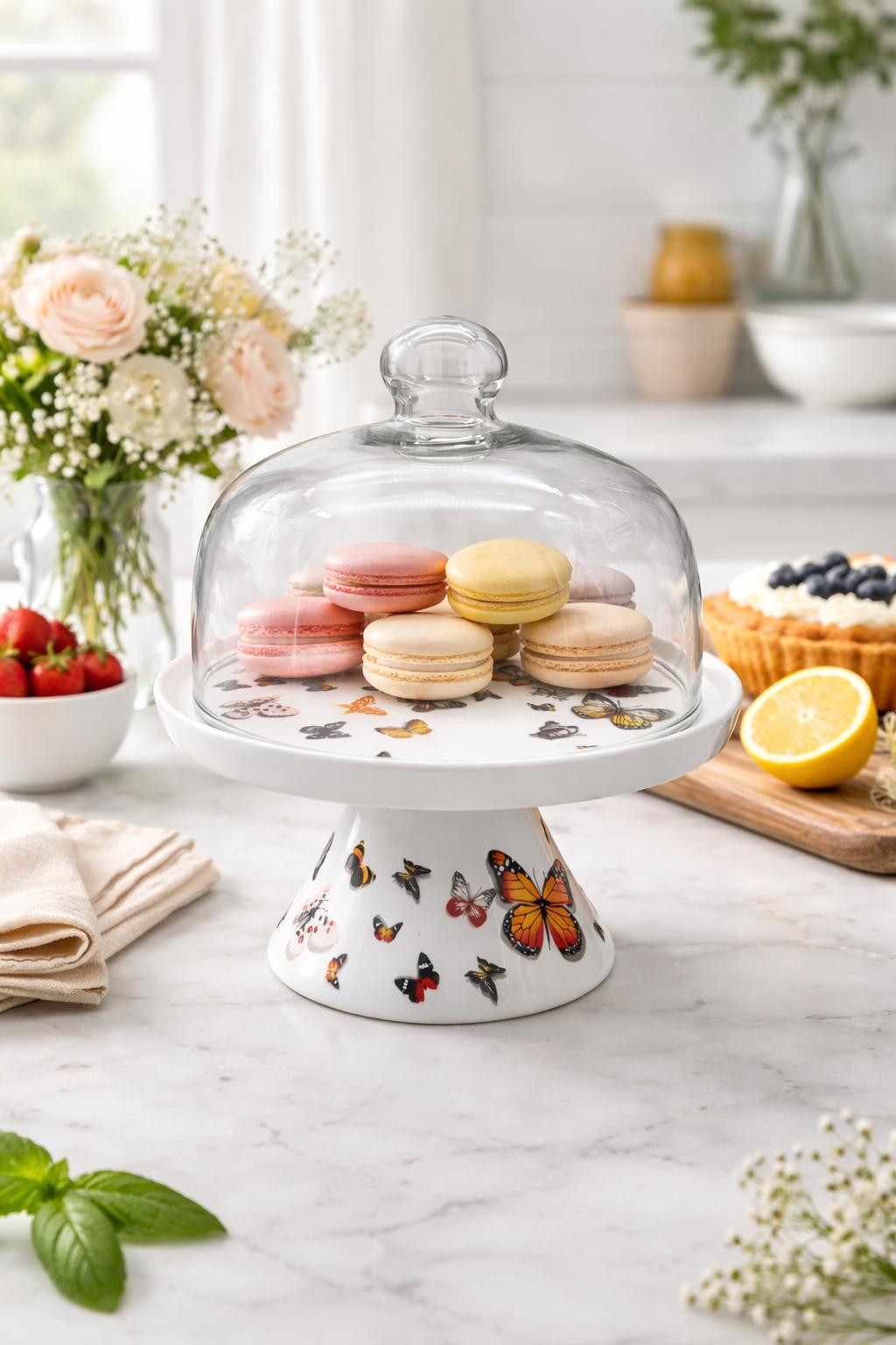 🦋 Alzata per dolci in porcellana con campana in vetro Grande – Ø 30,5 cm – Decorazione Farfalle