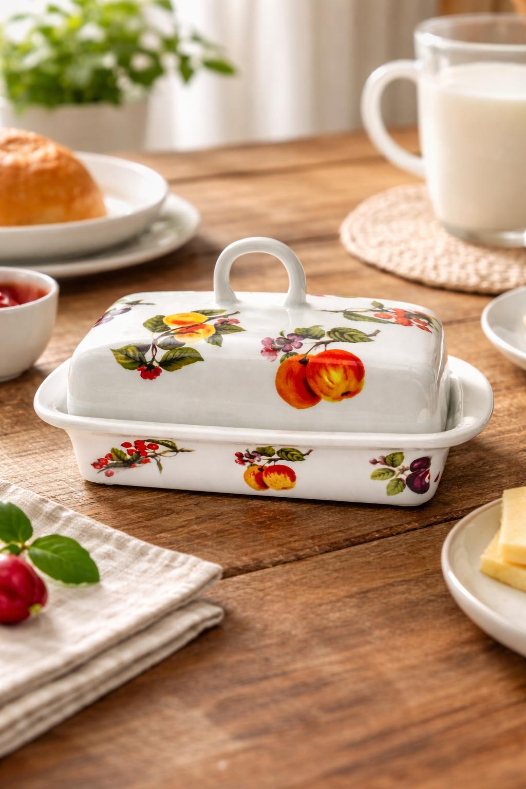 Burriera in porcellana decorata frutta con coperchio – Porta burro elegante