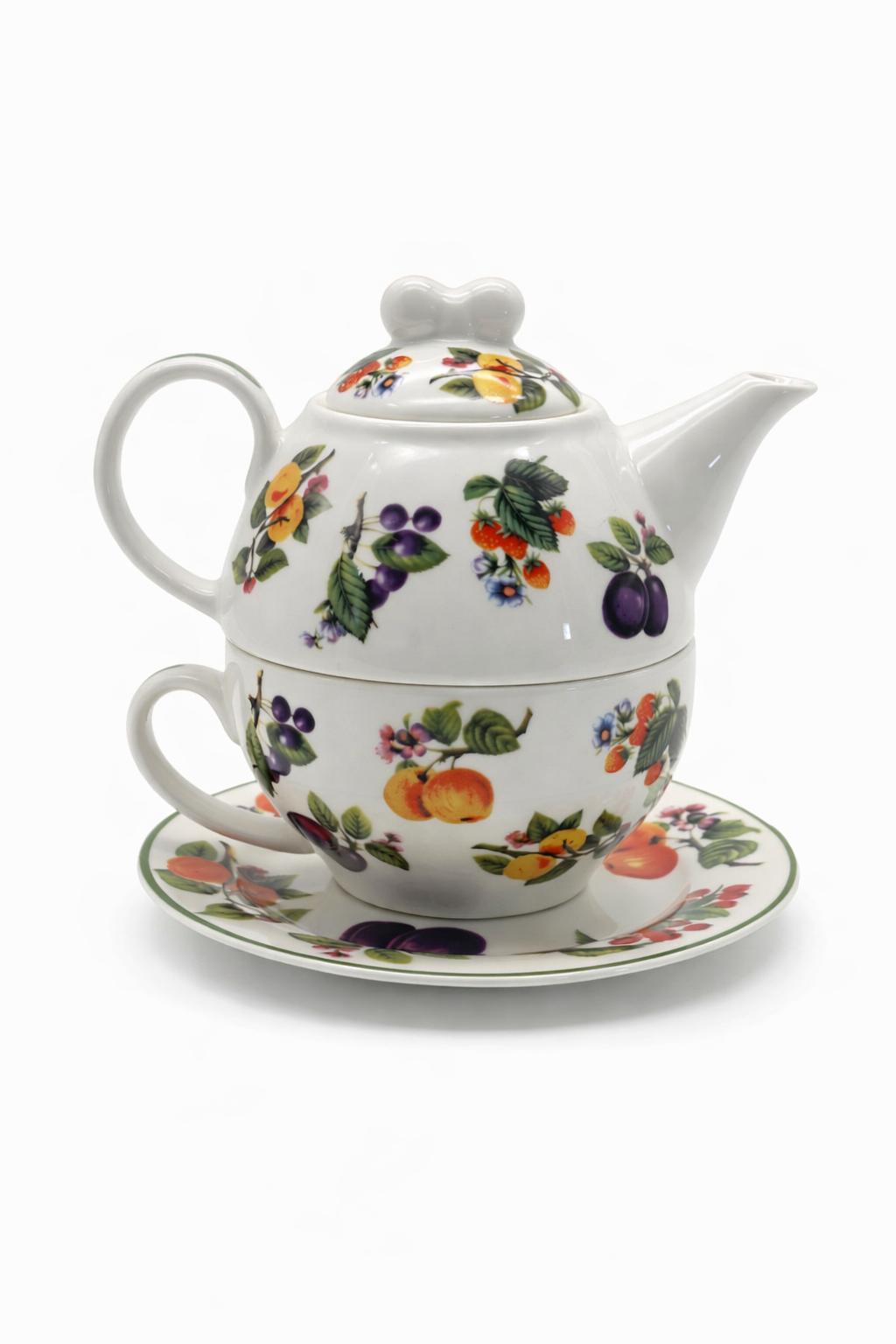 Set teiera egoist tazza e piattino in porcellana decorata frutta -teiera individuale elegante – idea regalo