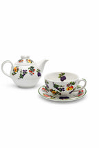 Set teiera egoist tazza e piattino in porcellana decorata frutta -teiera individuale elegante – idea regalo
