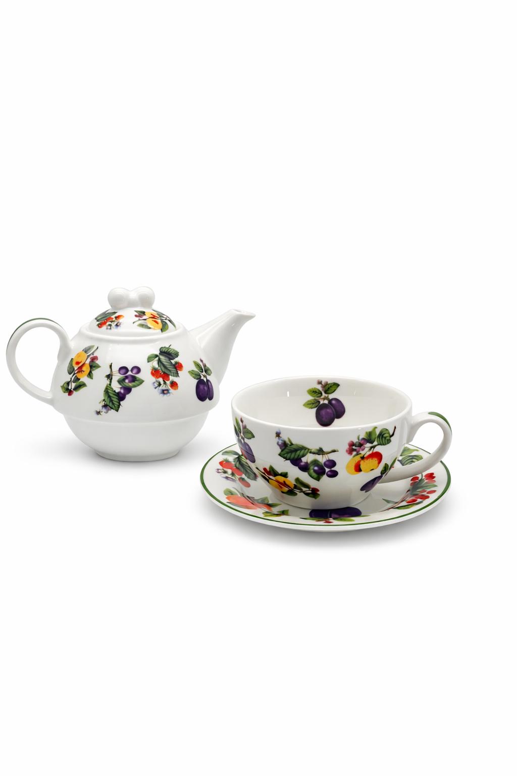 Set teiera egoist tazza e piattino in porcellana decorata frutta -teiera individuale elegante – idea regalo