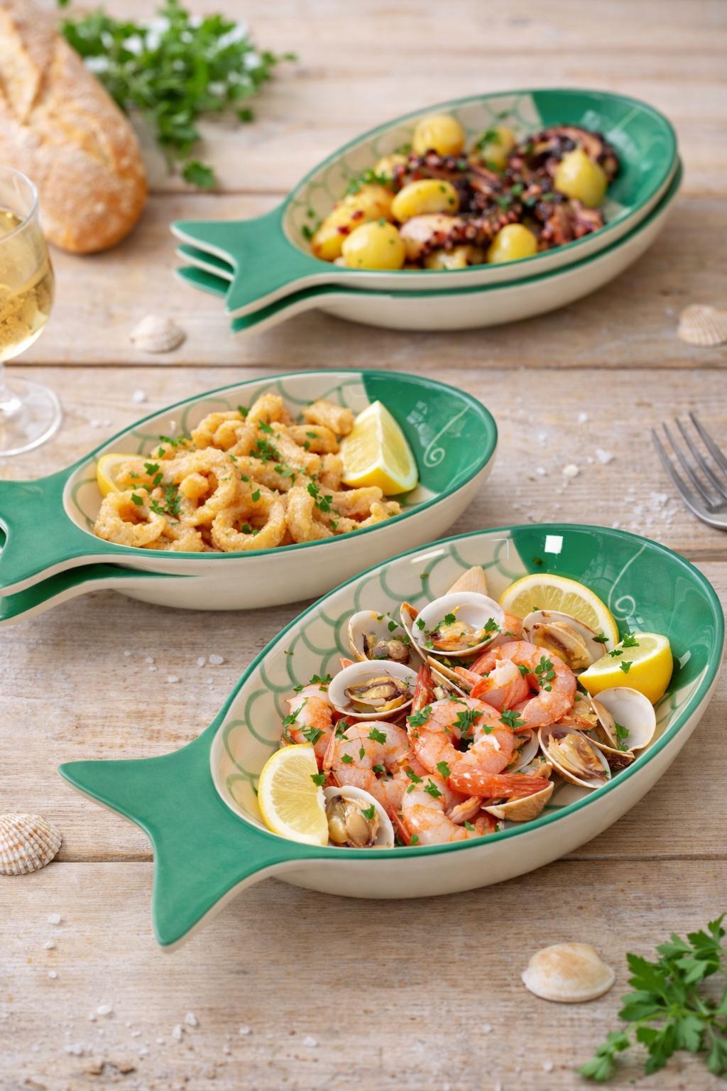 Pirofila a Forma di Pesce set 4 pezzi 20x12 cm in Porcellana – Tegamino da Forno per Antipasti, Contorni e Pesce – Lavastoviglie, Microonde e Forno