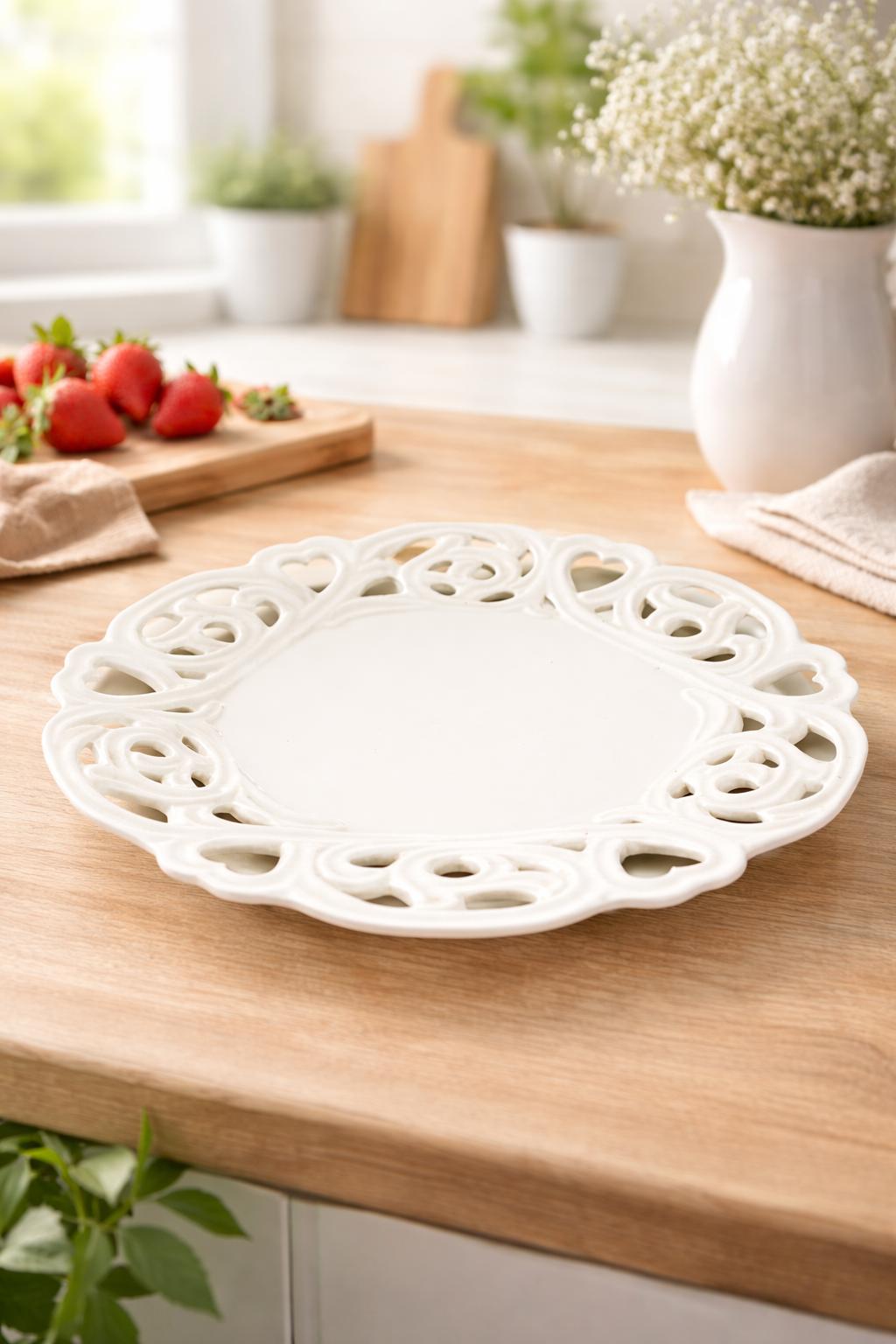 Piatto da Portata Traforato 29 cm in Porcellana Bianca – Vassoio Elegante per Dolci, Frutta e Antipasti – Stile Barocco Shabby Chic