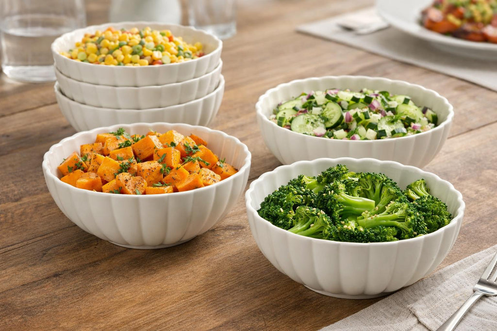 Set 4 Ciotole a Fiore 15 cm in Porcellana Bianca – Coppette per Insalata, Dessert, Snack e Contorni – Lavastoviglie e Microonde