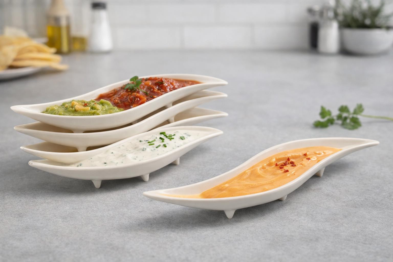 Set 4 Ciotoline Porta Salse 21,5 cm in Porcellana Bianca – Barchette per Aperitivo, Sushi e Finger Food – Lavastoviglie e Microonde