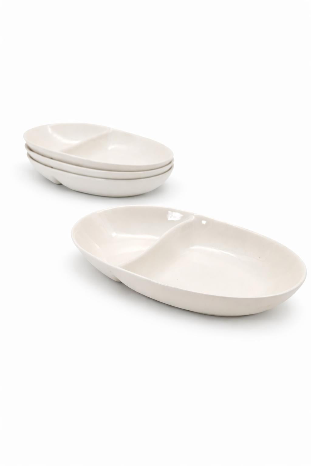 Set 4 Ciotole a 2 Scomparti 20x12 cm in Porcellana Bianca – Antipastiera per Salse, Aperitivi e Finger Food – Lavastoviglie e Microonde
