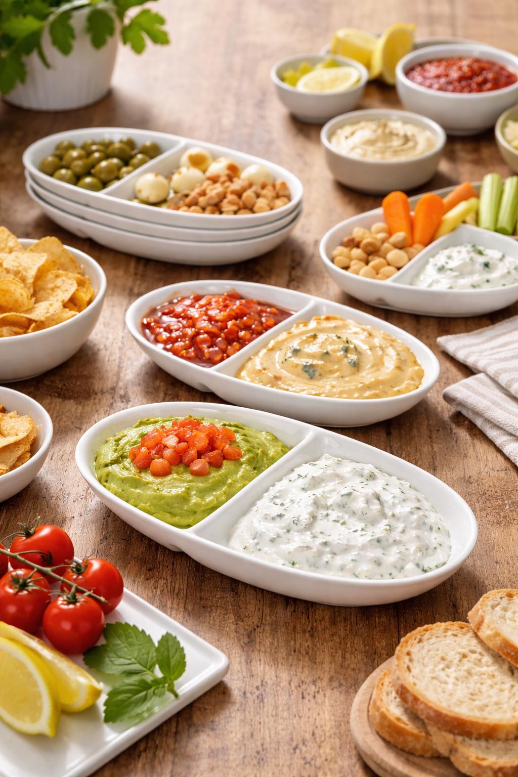 Set 4 Ciotole a 2 Scomparti 20x12 cm in Porcellana Bianca – Antipastiera per Salse, Aperitivi e Finger Food – Lavastoviglie e Microonde