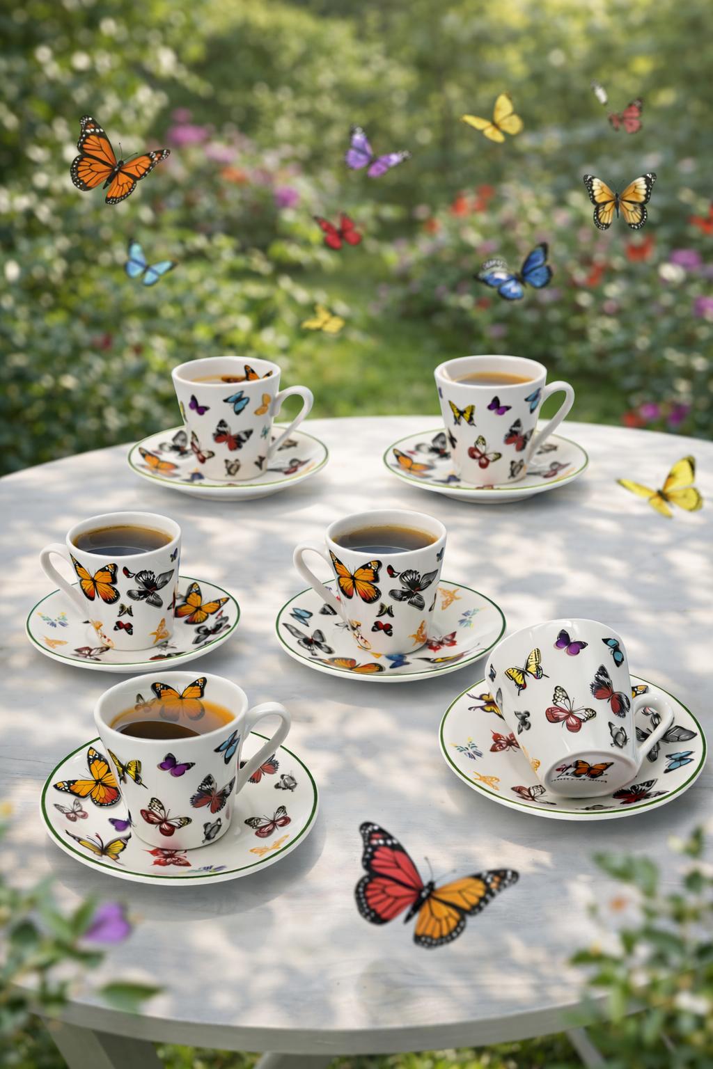 Set 6 tazzine da caffè con piattini in porcellana decoro farfalle – servizio espresso elegante – idea regalo
