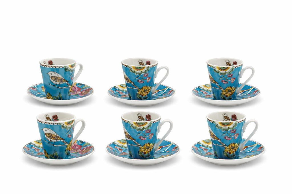 Set 6 tazzine da caffè con piattini in porcellana decoro japan birds – servizio espresso elegante – idea regalo