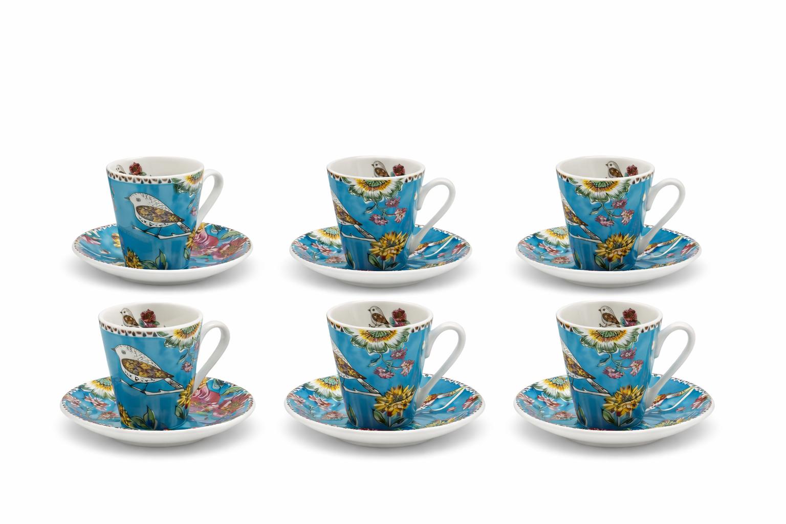 Set 6 tazzine da caffè con piattini in porcellana decoro japan birds – servizio espresso elegante – idea regalo