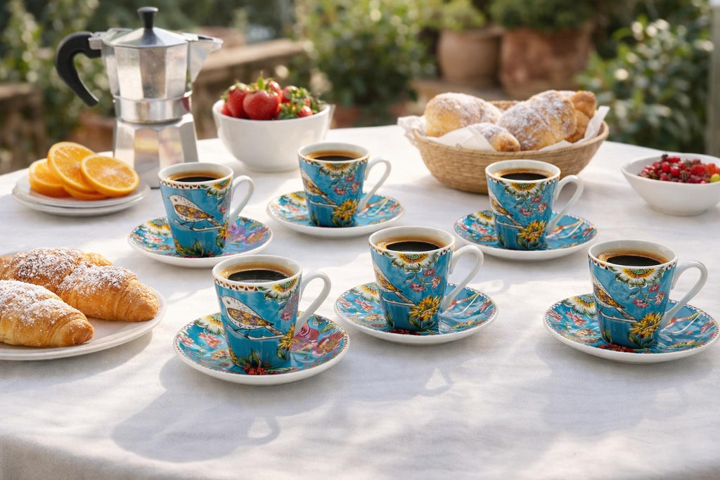 Set 6 tazzine da caffè con piattini in porcellana decoro japan birds – servizio espresso elegante – idea regalo
