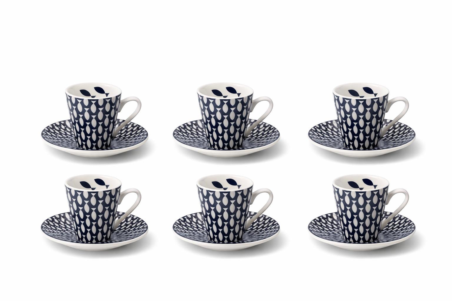 Set 6 tazzine da caffè con piattini in porcellana decoro fish – servizio espresso elegante – idea regalo