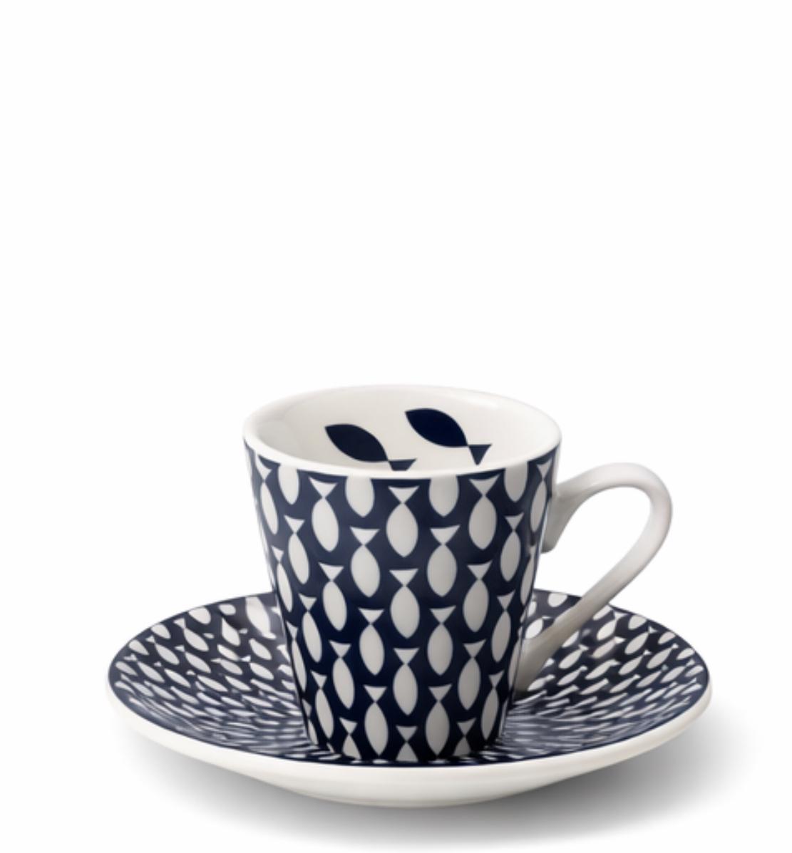 Set 6 tazzine da caffè con piattini in porcellana decoro fish – servizio espresso elegante – idea regalo