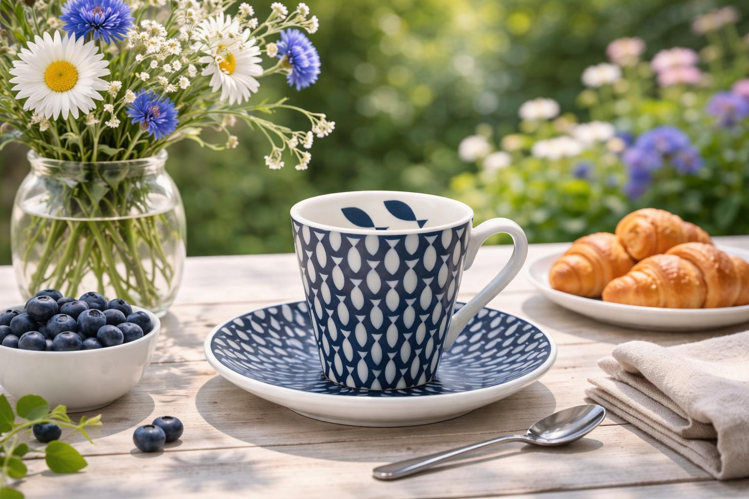 Set 6 tazzine da caffè con piattini in porcellana decoro fish – servizio espresso elegante – idea regalo