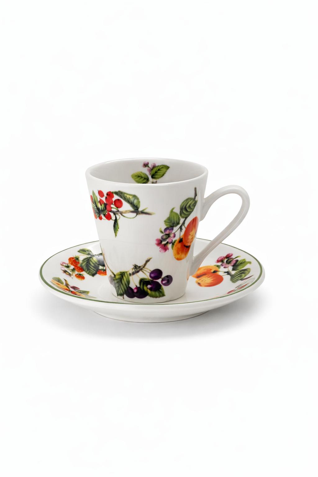 Set 6 tazzine da caffè con piattini in porcellana decoro frutta – servizio espresso elegante – idea regalo
