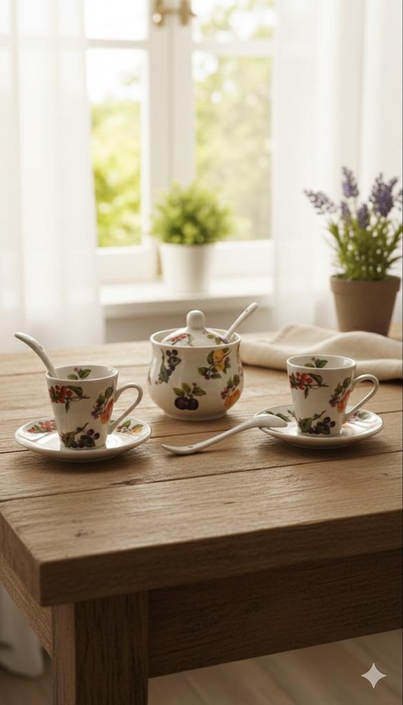 Set da caffè in porcellana decorata frutta – 2 tazzine con piattini e zuccheriera con cucchiaini – elegante da tavola