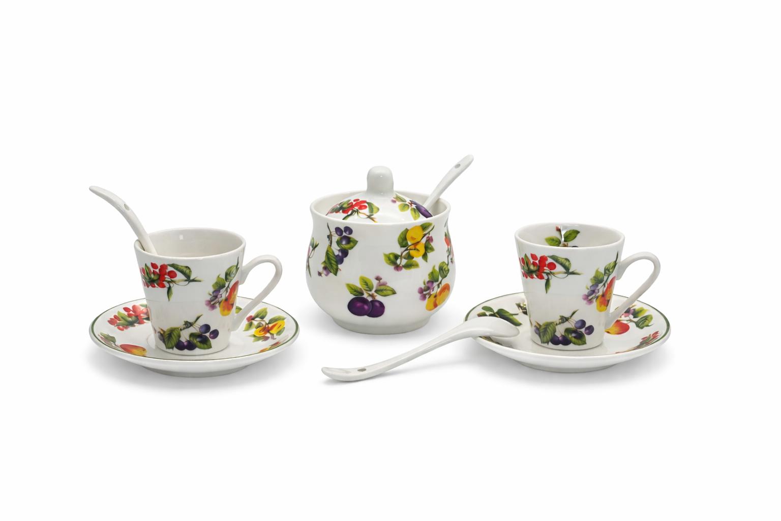 Set da caffè in porcellana decorata frutta – 2 tazzine con piattini e zuccheriera con cucchiaini – elegante da tavola