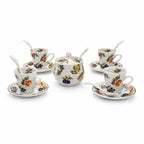 Set 4 tazzine da caffè con piattini, cucchiaini e zuccheriera in porcellana decorata frutta