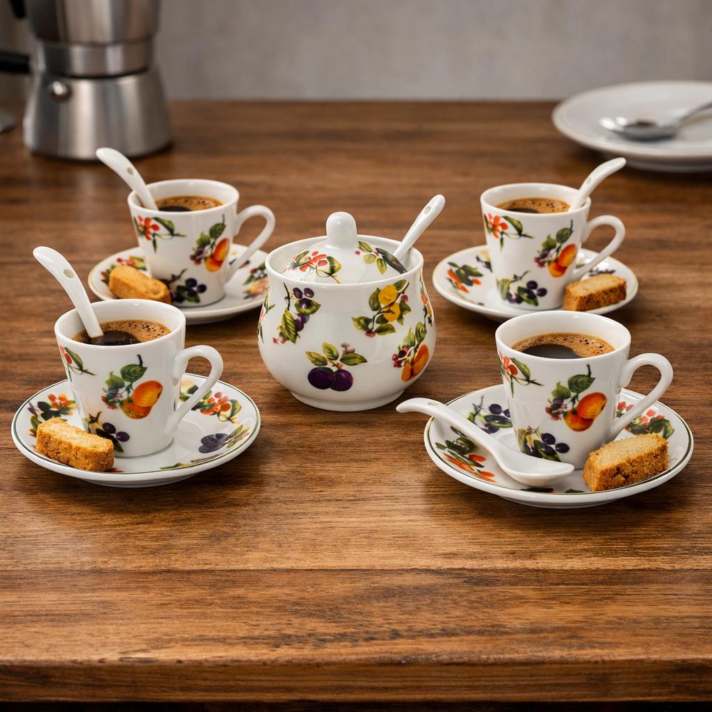 Set 4 tazzine da caffè con piattini, cucchiaini e zuccheriera in porcellana decorata frutta
