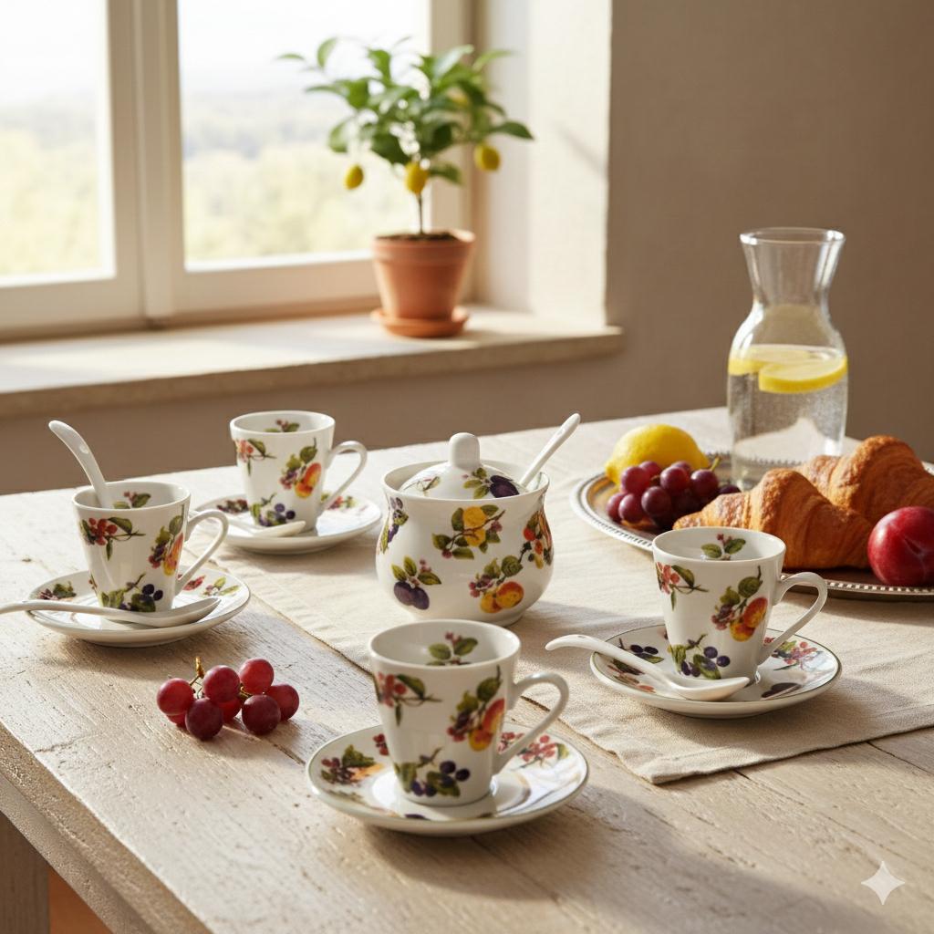 Set 4 tazzine da caffè con piattini, cucchiaini e zuccheriera in porcellana decorata frutta