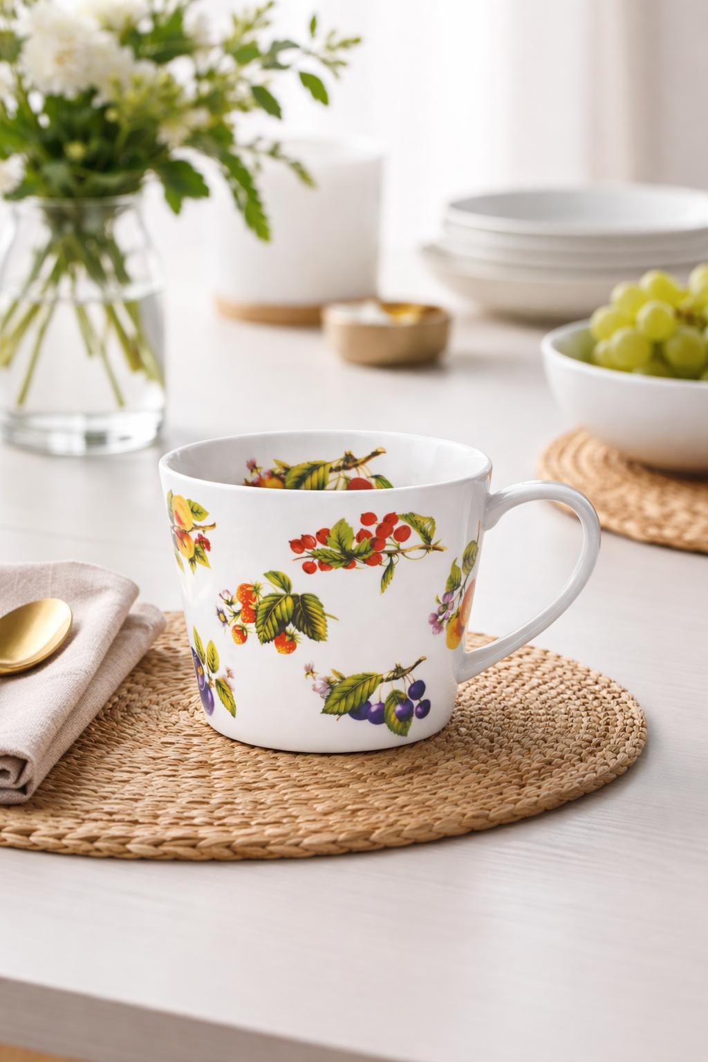 Tazza Latte 450 ml in Porcellana Decorata Frutta – Mug Grande per Colazione, Cappuccino, Tè e Tisane – Lavastoviglie e Microonde