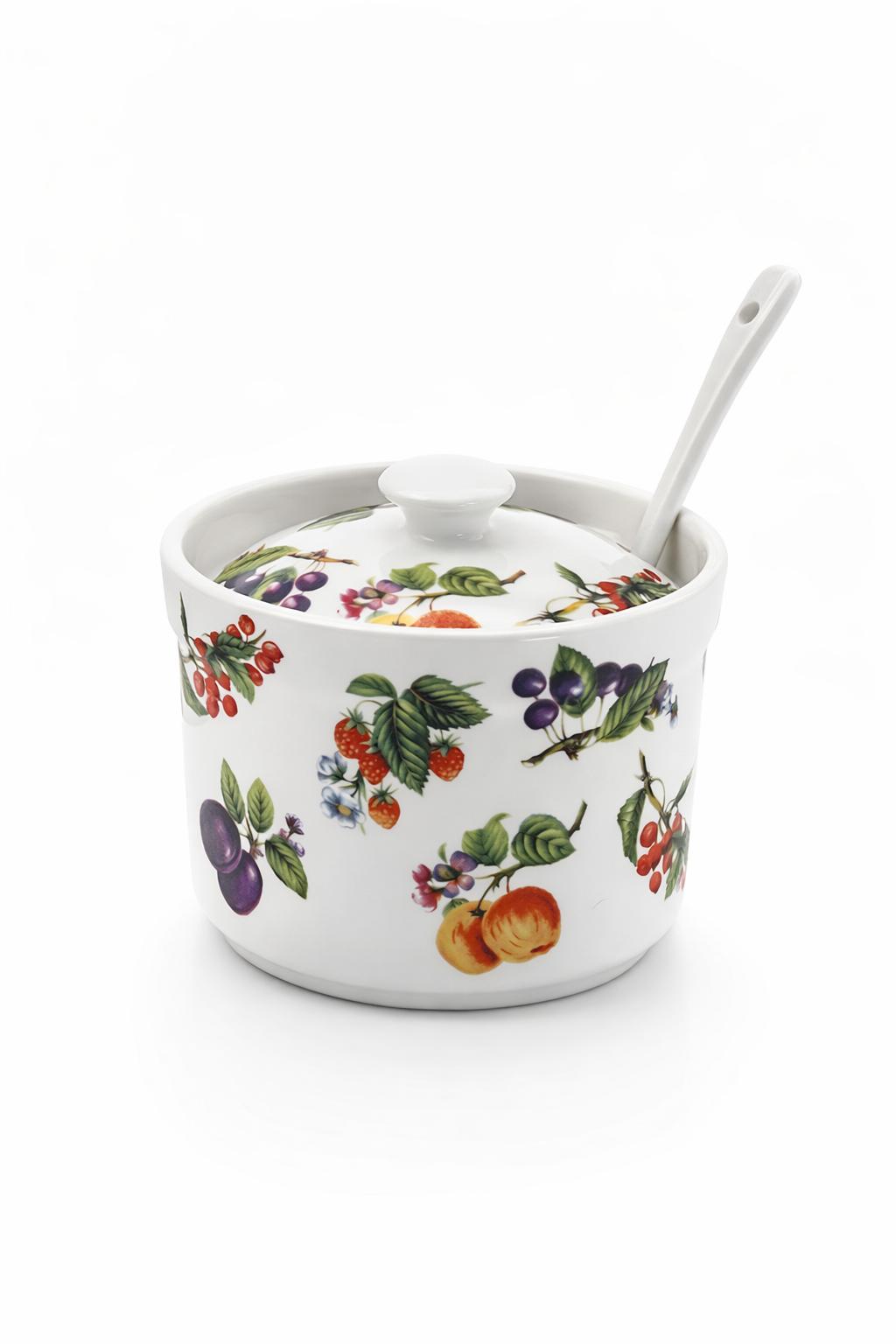 Formaggiera 350 ml in Porcellana con Cucchiaino e Coperchio – Decoro Frutta – Barattolo per Parmigiano, Zucchero o Salse