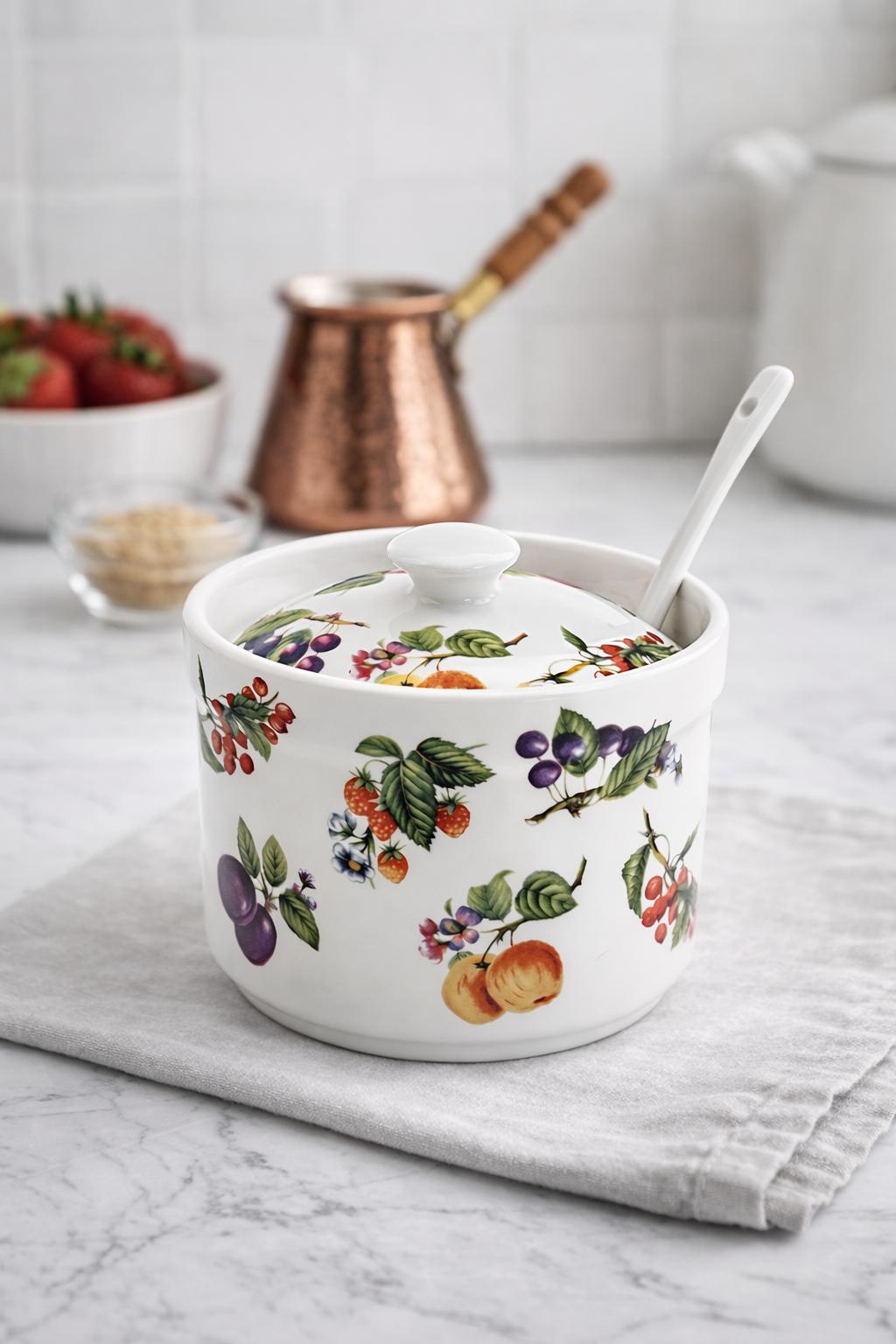 Formaggiera 350 ml in Porcellana con Cucchiaino e Coperchio – Decoro Frutta – Barattolo per Parmigiano, Zucchero o Salse