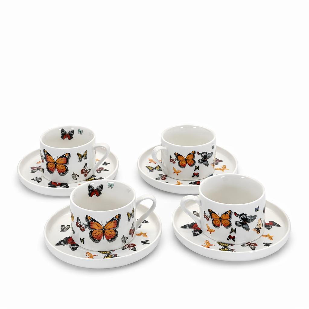 Set 4 Tazze da Tè con Piattini 180 ml in Porcellana – Decoro Farfalle Multicolore – Servizio Tè Elegante – Lavastoviglie e Microonde