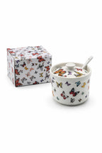 Formaggiera 350 ml in Porcellana con Cucchiaino e Coperchio – Decoro Farfalle – Barattolo per Parmigiano, Zucchero, Miele e Salse – Lavastoviglie